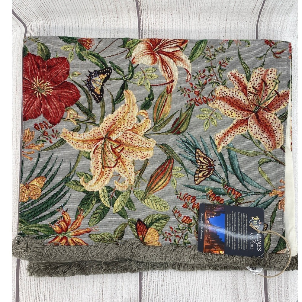 Hines of Oxford Tapestry Table Runner 53x17 Tropical Flowers Fringe Botanical